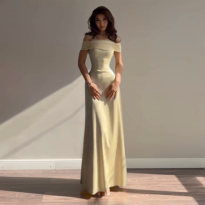 一字肩缎面绑带包臀连衣裙