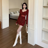 新款 instahot 纯欲甜辣红色烫钻包臀连衣裙2026春季 新年穿搭短裙