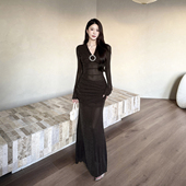 新款 instahot 性感V领网纱黑色连衣裙女2025秋季 轻奢宴会晚礼服裙