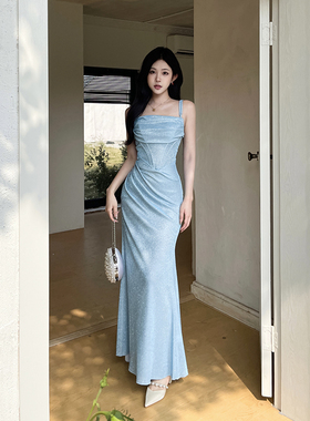 instahot 法式蓝色荡领修身气质吊带连衣裙性感气质晚宴礼服长裙