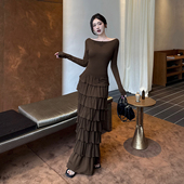 法式 复古设计感长袖 连衣裙2026春季 instahot 新款 多层荷叶边长裙