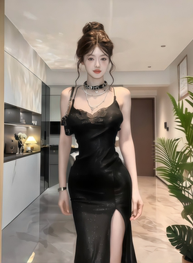 instahot法式蝴蝶性感黑色闪闪吊带连衣裙女气质宴会年会晚礼服裙