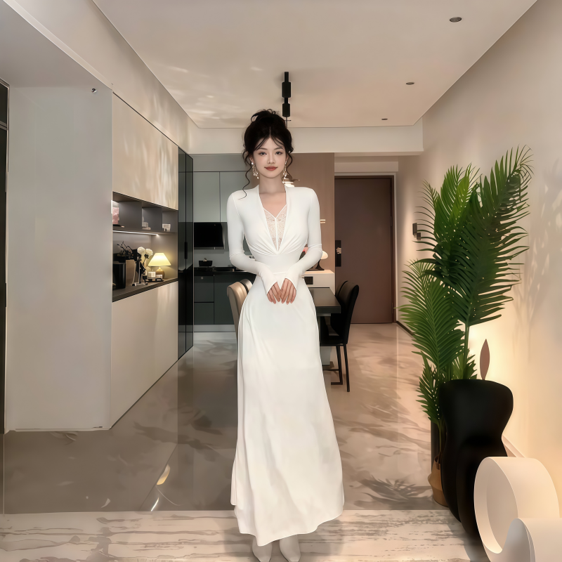 instahot 性感蕾丝白色V领长袖连衣裙女秋季新款高级气质收腰长裙,女装/女士精品,连衣裙,淘宝优惠券,粉丝福利购,淘宝优惠卷