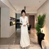 instahot 高级气质收腰长裙 新款 性感蕾丝白色V领长袖 连衣裙女秋季