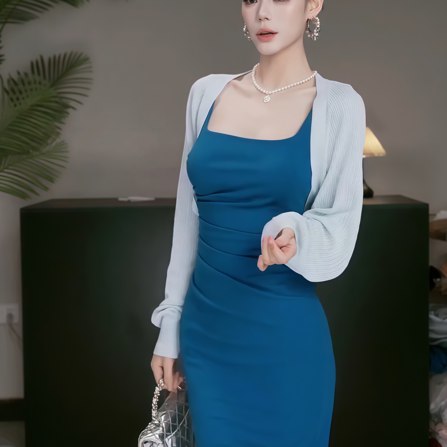 instahot 肯豆方领气质吊带连衣裙女夏季开叉褶皱简约修身长裙子