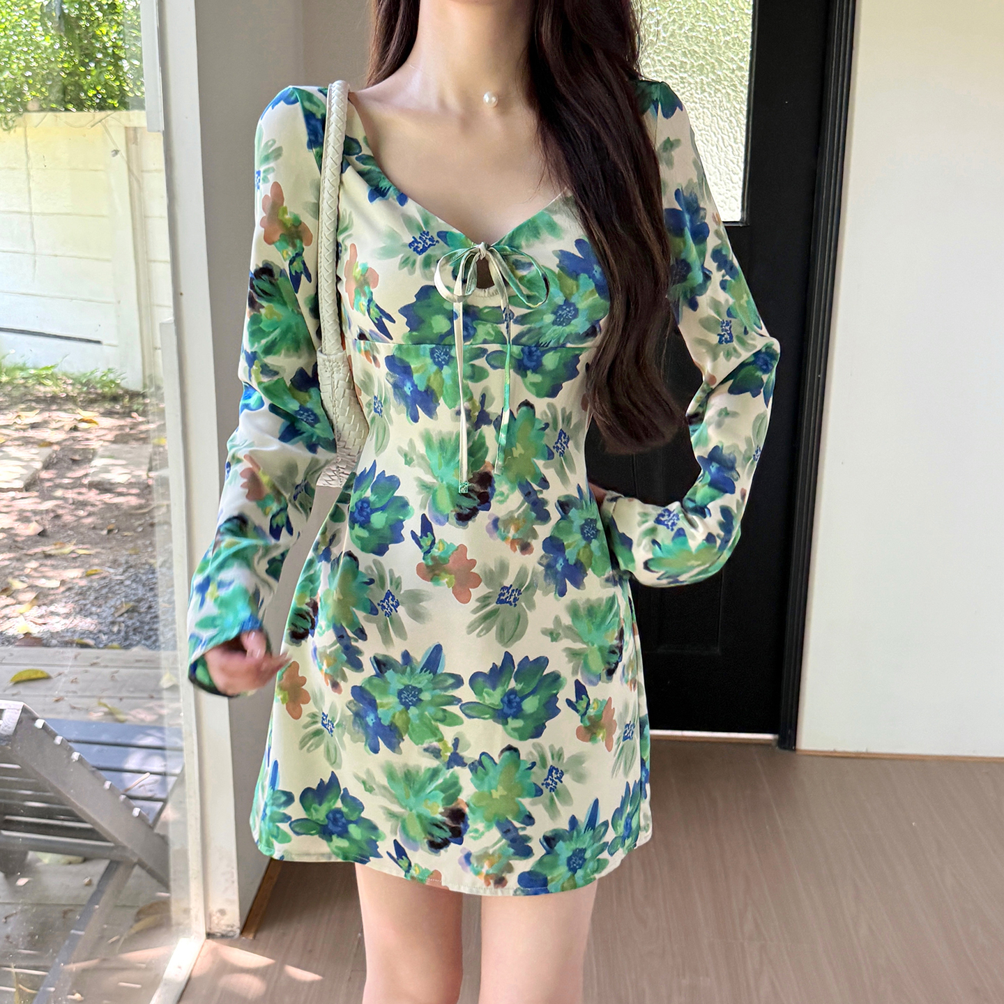 绿色碎花长袖连衣裙女