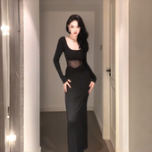 针织长裙 连衣裙女秋季 黑色U领网纱拼接长袖 性感气质修身 instahot