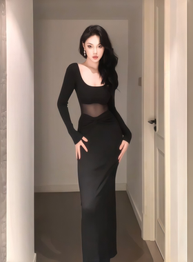 instahot 黑色U领网纱拼接长袖连衣裙女秋季性感气质修身针织长裙