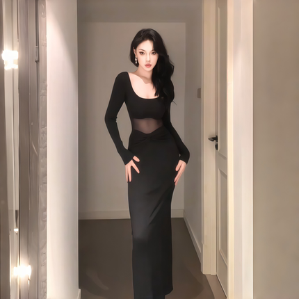 instahot 黑色U领网纱拼接长袖连衣裙女秋季性感气质修身针织长裙