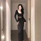 instahot 针织长裙 性感气质修身 黑色U领网纱拼接长袖 连衣裙女秋季