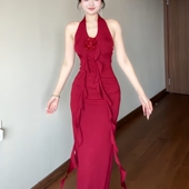 instahot 礼服长裙 性感露背收腰裙子修身 红色挂脖连衣裙春季 新款