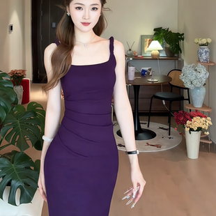 instahot 包臀裙開叉收腰長裙 修身 肯豆針織吊帶紫色連衣裙女夏季