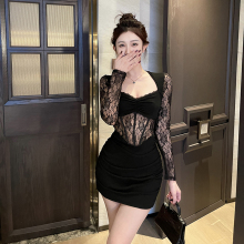 instahot 黑色蕾丝拼接小个子鱼骨短裙气质御姐时尚内搭连衣裙女