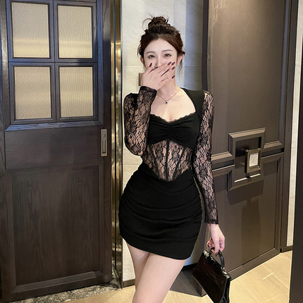 instahot 黑色蕾丝拼接小个子鱼骨短裙气质御姐时尚内搭连衣裙女
