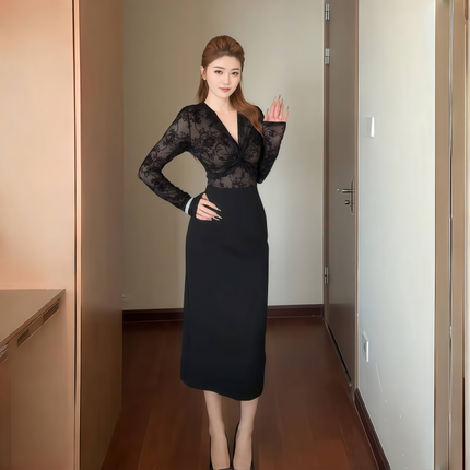 instahot 御姐性感v领扭结蕾丝长袖连衣裙女秋冬设计感气质长裙