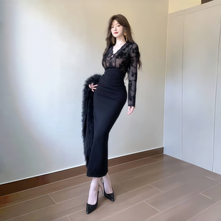 收腰修身 instahot 新款 礼服裙2025秋季 连衣裙 黑色V领蕾丝拼接长袖