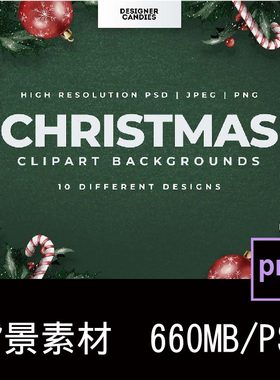 10款圣诞节主题元素装饰绿色背景图片PNG免抠图片设计PS素材