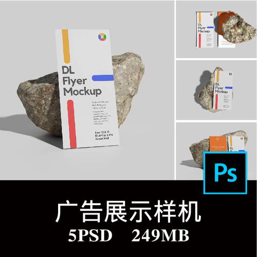 5款岩石头DL名片卡片宣传单页广告设计样机PS贴图效果图模板素材
