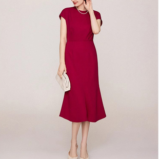 商城同款三醋酸酒红色连衣裙重要场合裙子修身显瘦鱼尾裙连身裙夏