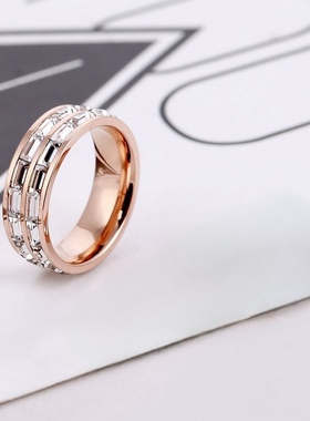 日韩版潮流玫瑰金双排镶水钻时尚女戒指轻奢简约百搭通勤OL指环