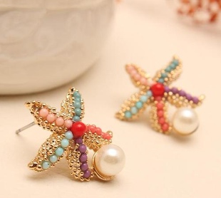 彩色海洋风五彩缤纷贝壳海星耳钉时尚 创意星星耳环耳饰品 百搭个性
