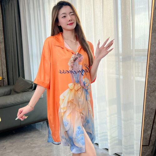 睡裙女士夏季衬衫新款冰丝薄款短袖甜美睡衣性感宽松大码家居服