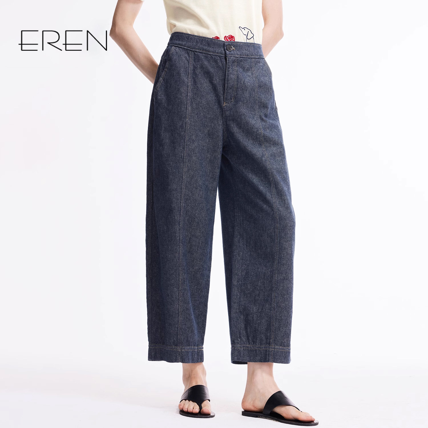 [亚麻]EREN休闲裤子女2025春夏新款高腰牛仔裤直筒阔腿裤八分裤