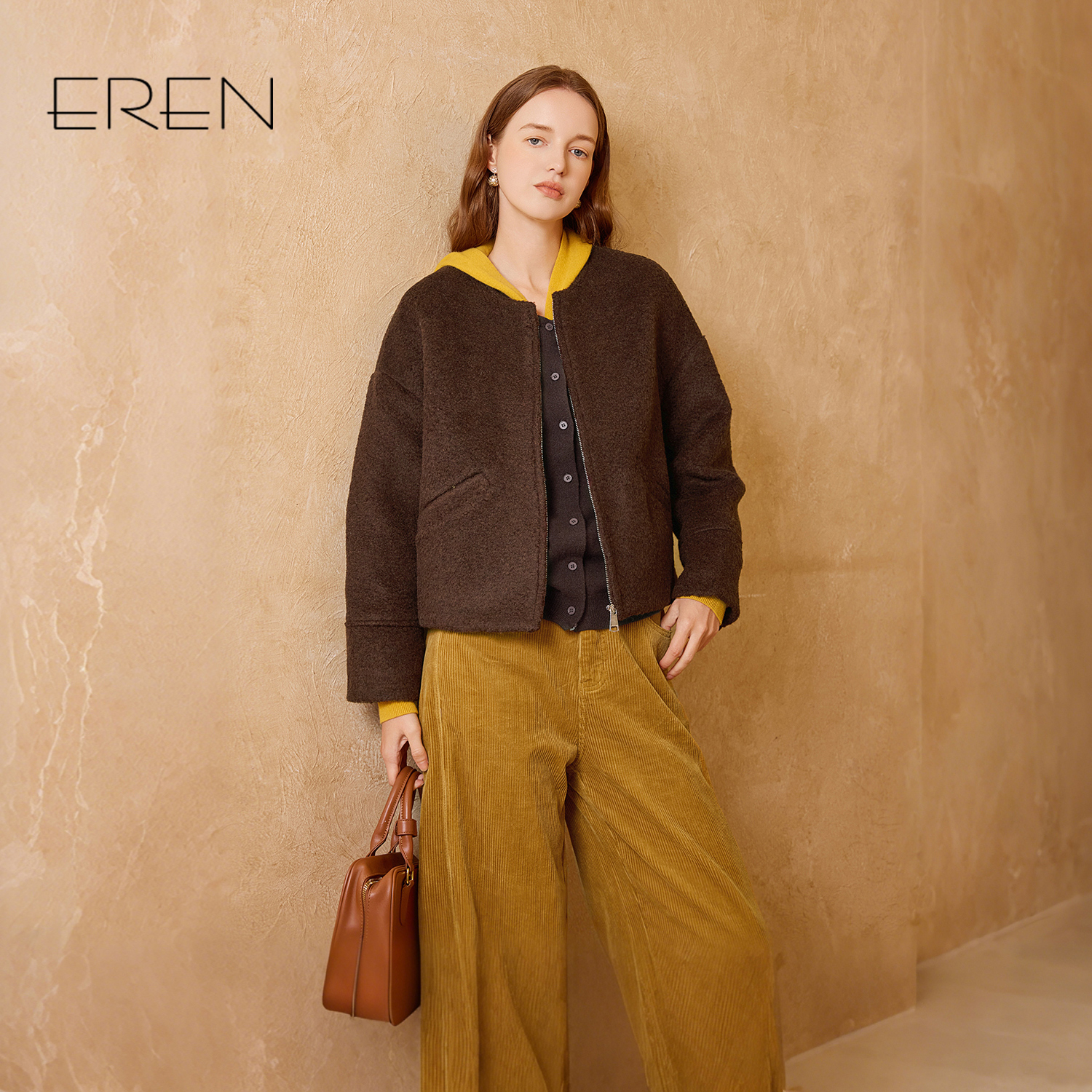 EREN咖色羊毛大衣呢子大衣外套