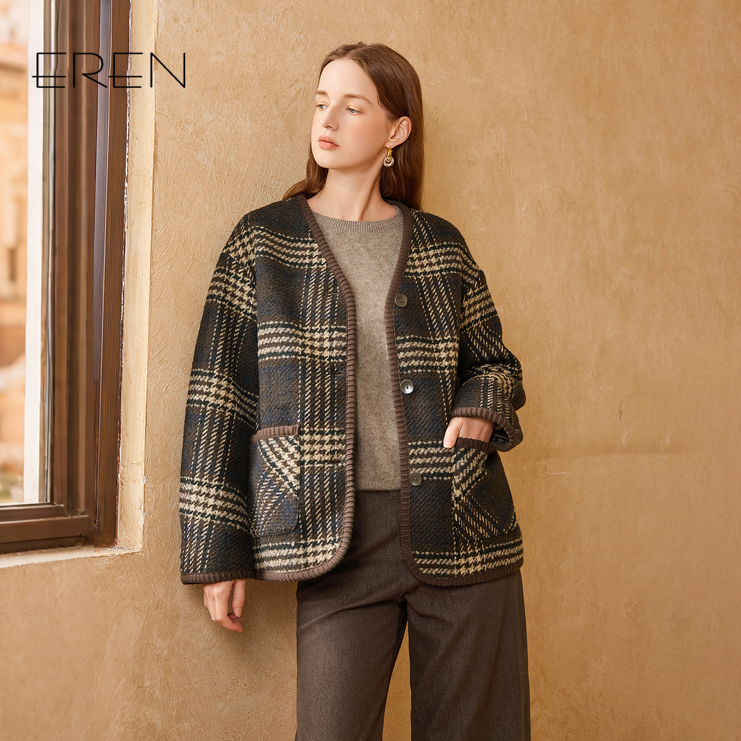 EREN新款条纹短款宽松毛呢大衣