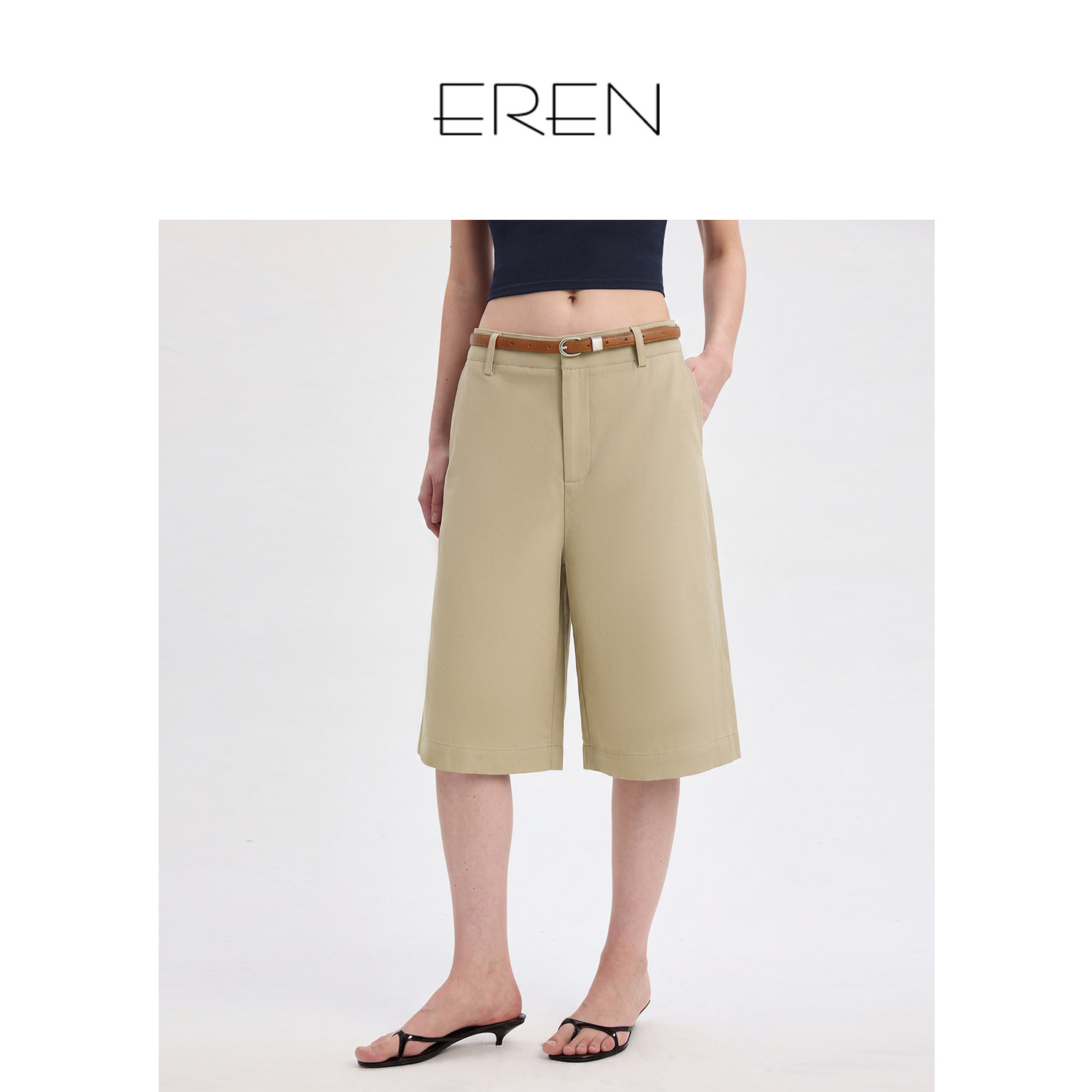 EREN简约直筒高腰休闲裤女气质百搭棉质短裤通勤卡其色五分裤子