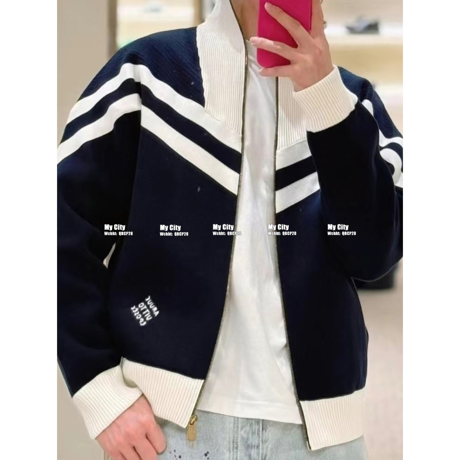 天花板！复古运动风条纹高领针织夹克男女拉链开衫深蓝色毛衣外套