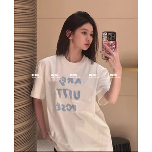 T恤 男女早秋宽松休闲百搭情侣装 天花板 25ss白色刺绣字母短袖