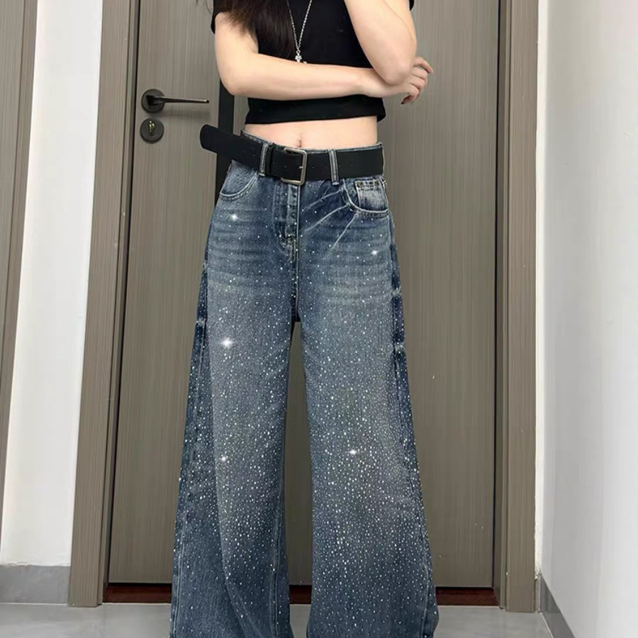 烫钻阔腿牛仔裤女高腰显瘦复古水洗设计感垂感拖地直筒裤潮
