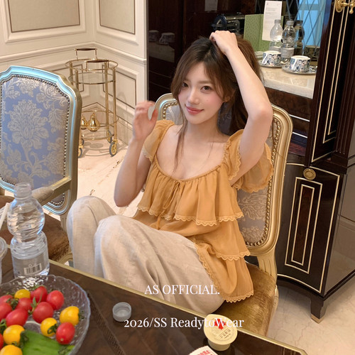 AS OFFICIAL-26夏上新古早甜妹小飞袖蕾丝边轻纱小衫28012