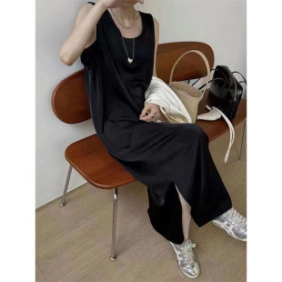 连衣裙后背交叉系带慵懒裙子 中长款 欧洲站2026夏新款 醋酸圆领无袖