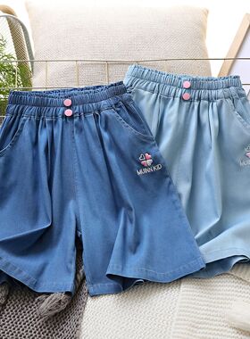 儿童天丝牛仔裤短裤女孩中大童宽松夏季薄款四分新款弹力大码洋气