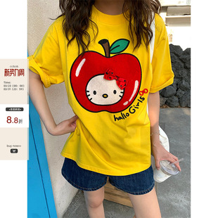 小众减龄短袖 韩版 大苹果卡通猫毛巾绣宽松T恤2025夏季 女 现货
