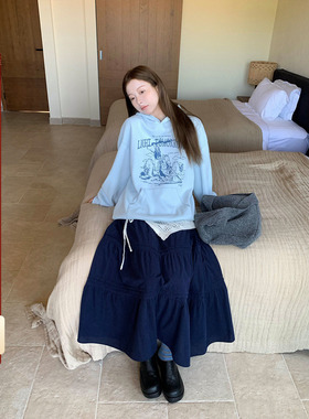 CCKOK 冬季韩系穿百搭 搭通勤日常藏蓝细灯芯绒半身蛋糕长裙女