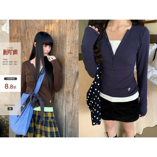 0120 修身 韩系通勤叠加假两件拼色亨利领长袖 T恤女 CCKOK