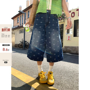 满版 CCKOK 狗爪子印花深蓝色牛仔7分裤 夏季 女 直筒阔腿裤 现货