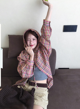 CCKOK 彩虹格纹连帽衬衫2026夏季新款薄款宽松休闲格子衬衣外套女