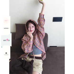 CCKOK 彩虹格纹连帽衬衫2026夏季新款薄款宽松休闲格子衬衣外套女