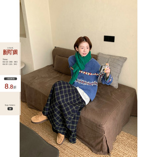 韩系穿搭气质通勤 新品 冬季 百搭磨毛墨绿格纹半身长裙女 现货