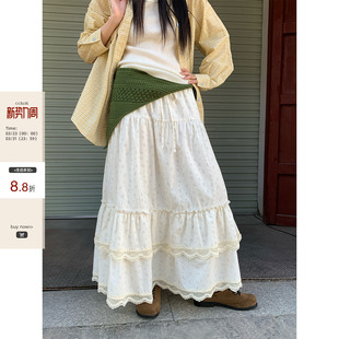 早春韩系温柔淑女气质清新小碎花拼蕾丝半身蛋糕长裙女 现货