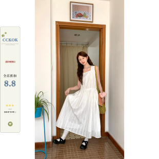 CCKOK 韩系钩花连衣裙2026夏季新款薄款白色温柔风初恋中长裙