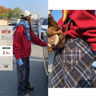 现货 直筒格子休闲阔腿裤 格纹磨毛加绒微喇长裤 新款 女 2025冬季