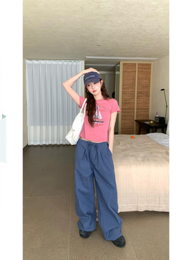 CCKOK 洗水棉抽绳阔腿休闲裤2026夏季新款宽松显瘦直筒工装裤女薄