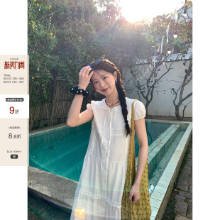 法式 CCKOK 新款 连衣裙2026夏季 少女中长裙 泡泡绣拼接蕾丝绑带短袖