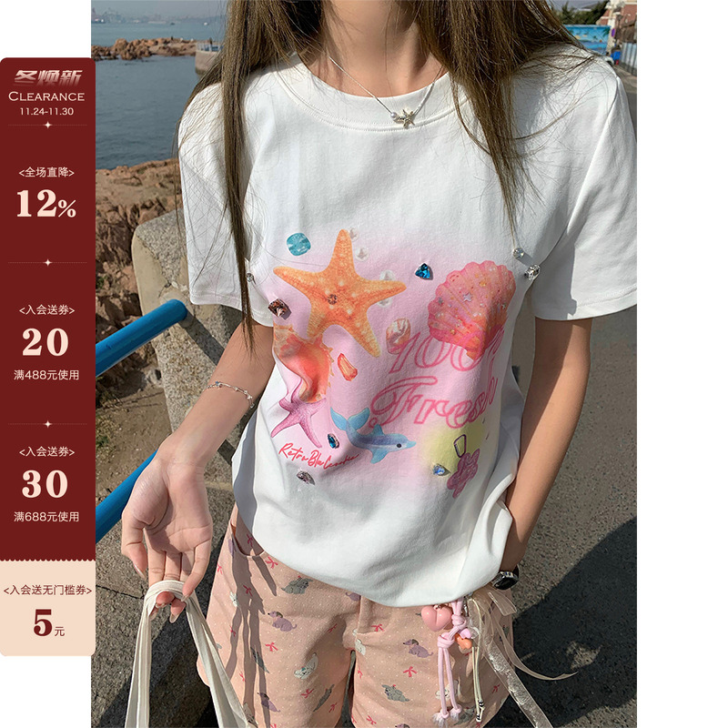 【现货】CCKOK 海底世界晕染印花手缝钻正肩T恤夏季少女减龄短袖