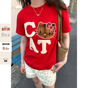 夏季 黄皮卡通猫字母短袖 CCKOK 学院减龄风宽松小众T恤女 现货